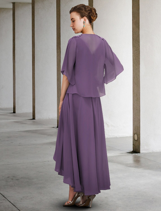 Two Piece A-Line Mother of the Bride Dress Elegant High Low V Neck Asymmetrical Chiffon Half Sleeve with Pleats