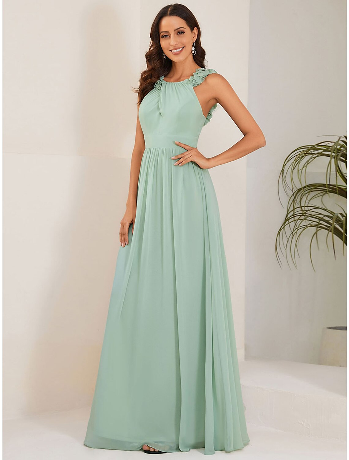 A-Line Wedding Guest Dresses Elegant Dress Formal Floor Length Sleeveless Jewel Neck Chiffon with Pleats Flower