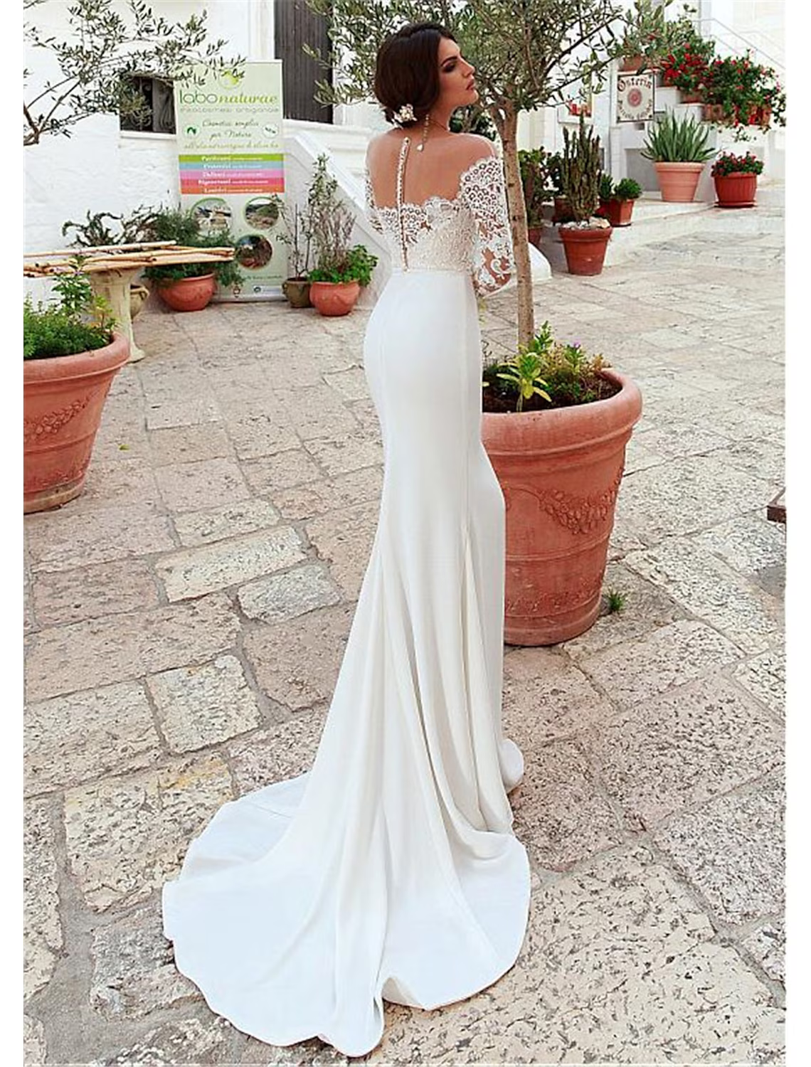 Engagement Open Back Formal Wedding Dresses Long Sleeve Jewel Neck Lace With Appliques