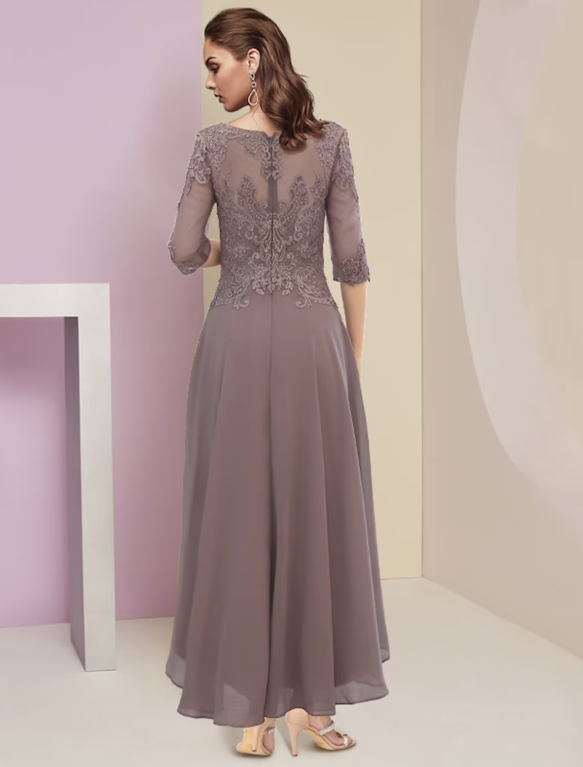 Two Piece A-Line Mother of the Bride Dress Formal Wedding Guest Party Elegant Scoop Neck Asymmetrical Chiffon Lace Sleeve Wrap Included with Beading Appliques