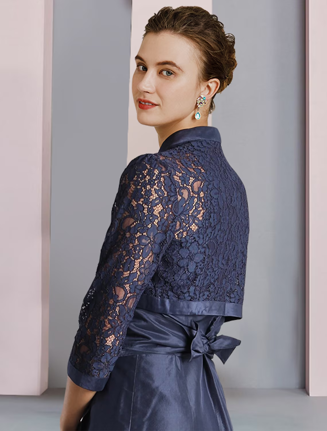 Two Piece A-Line Mother of the Bride Dress Formal Wedding Guest Elegant Shirt Collar Tea Length Lace Sleeveless Wrap Included with Pleats