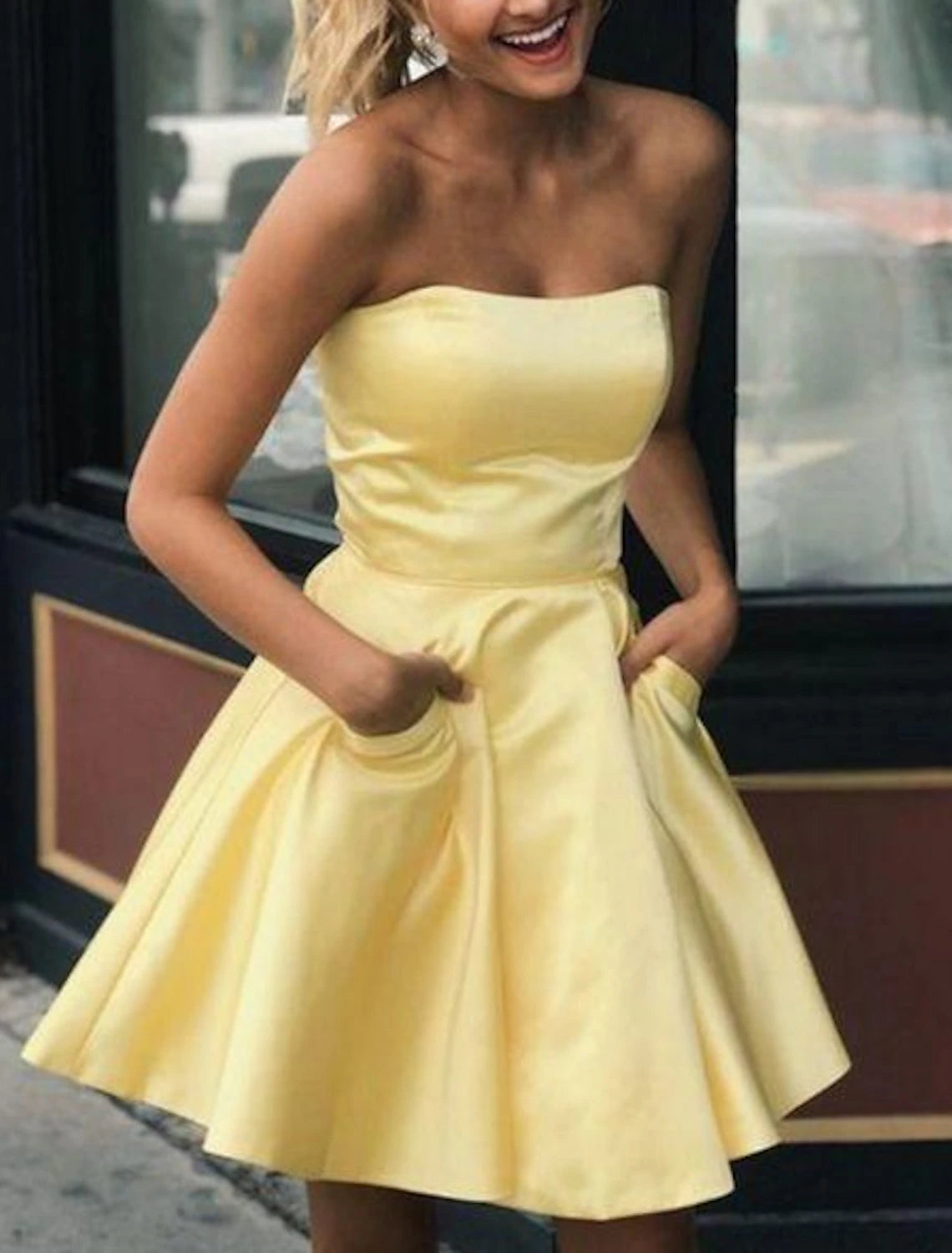 A-Line Hot Flirty Homecoming Cocktail Party Dress Strapless Sleeveless Short / Mini Satin with Sleek Pleats