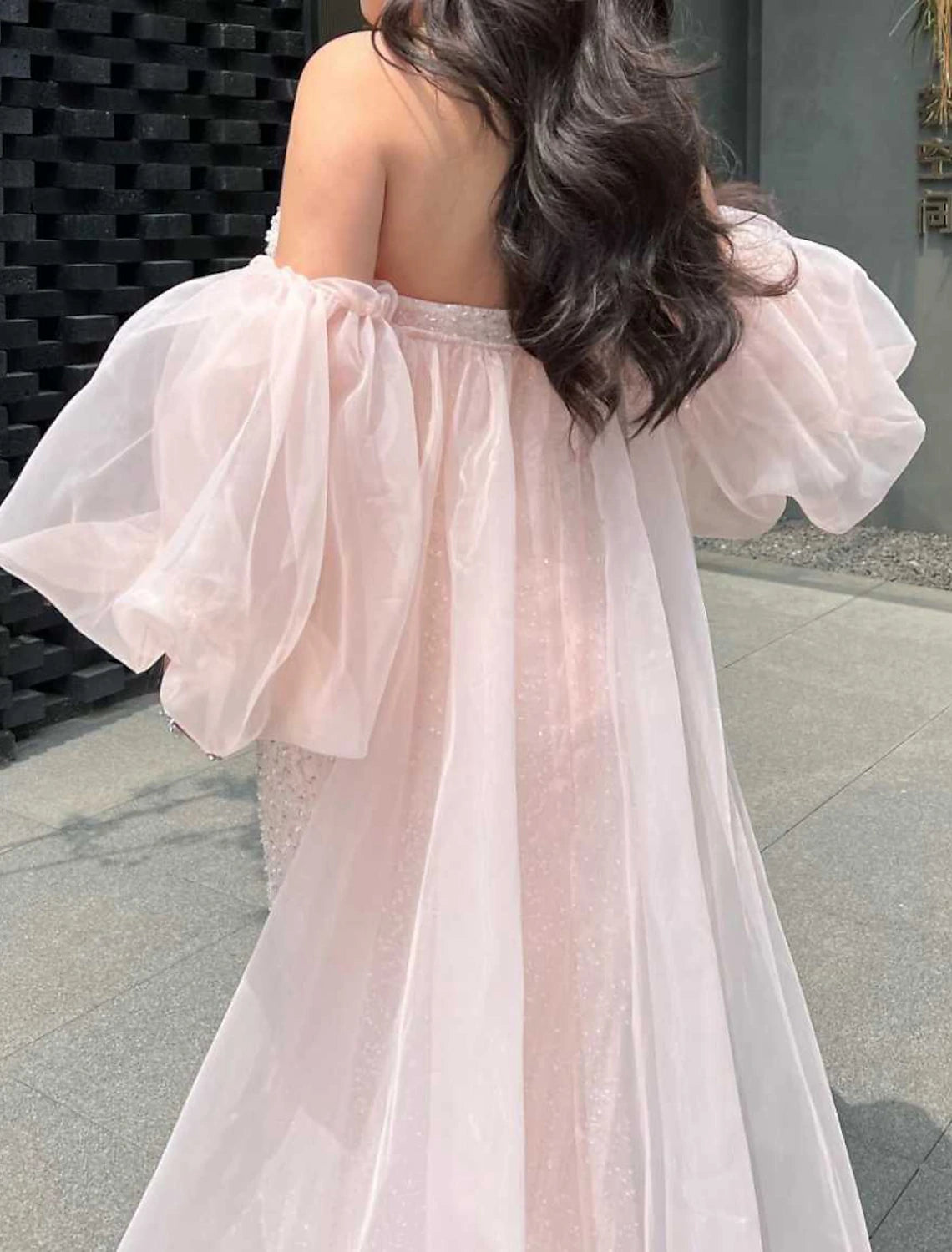 Mermaid / Trumpet Prom Dresses Sparkle & Shine Dress Formal Floor Length Short Sleeve Strapless Organza with Pearls