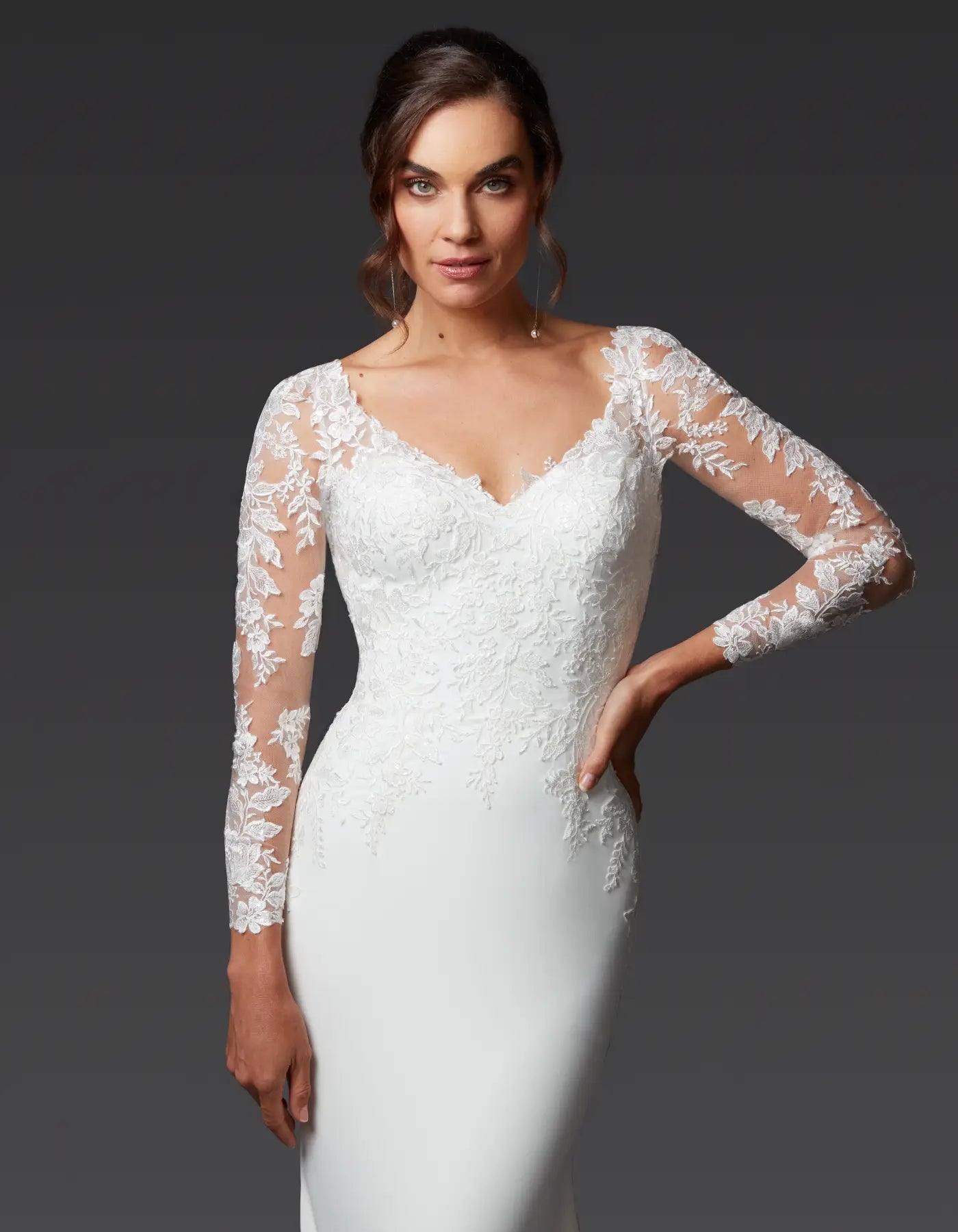 DingJiDress a crepe and lace sheath with full-length sleeves Wedding Dresses