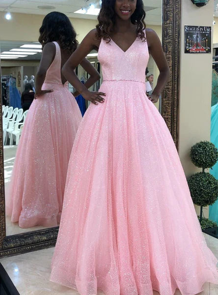 DingJiDress Prom Dresses Simple V Neck Long A-line Pink Sequins Open Back Simple Tulle