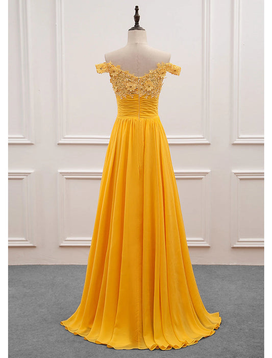 A-Line Wedding Guest Dresses Floral Dress Prom Sweep / Brush Train Sleeveless Off Shoulder Chiffon with Appliques
