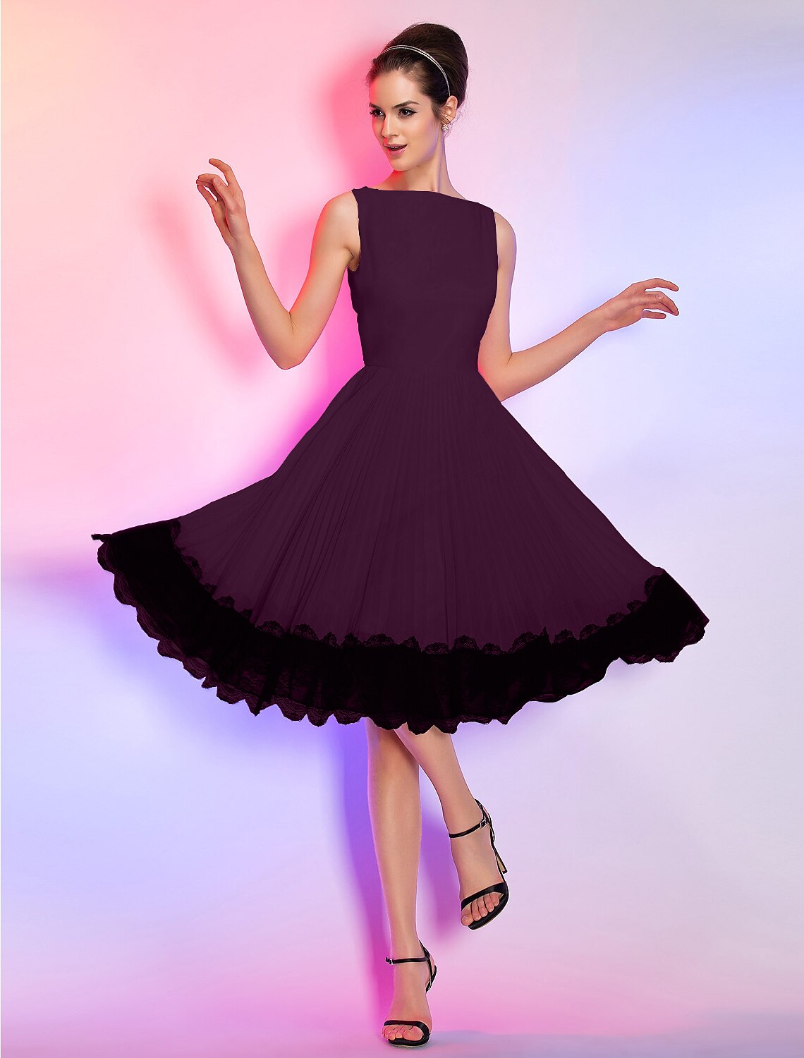 A-Line Vintage Dress Homecoming Graduation Knee Length Sleeveless Boat Neck Pink Dress Chiffon with Lace