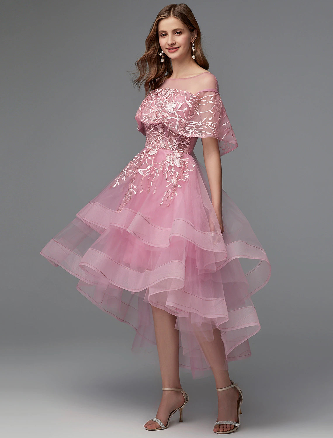 A-Line Elegant Dress Holiday Wedding Guest Asymmetrical Sleeveless Illusion Neck Lace Tie Back with Lace