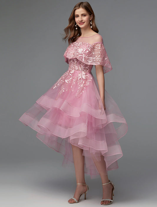 A-Line Elegant Dress Holiday Wedding Guest Asymmetrical Sleeveless Illusion Neck Lace Tie Back with Lace