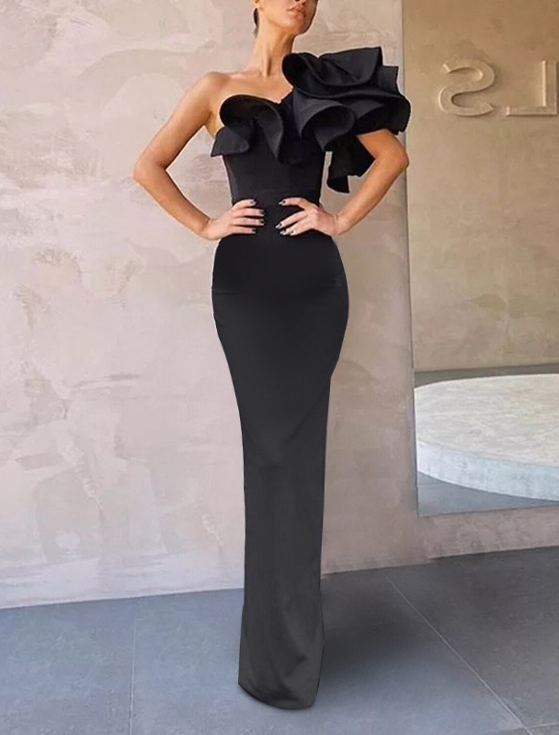 Mermaid / Trumpet Evening Gown Celebrity Style Dress Formal Wedding Guest Floor Length Sleeveless One Shoulder Stretch Fabric with Ruffles