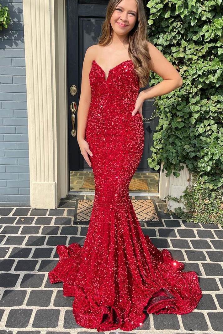 DingJiDress Prom Dresses Mermaid Sequins Strapless Sweep Train