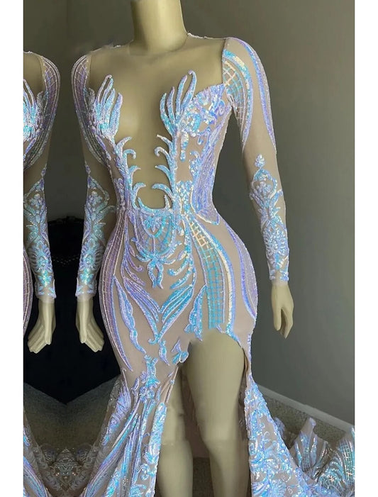 Evening Gown Floral Dress Formal Chapel Train Long Sleeve V Neck Sequined Backless with Sequin Slit