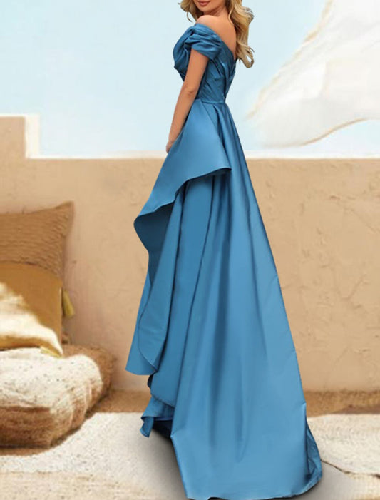 A-Line Evening Gown Celebrity Style Dress Formal Wedding Party Court Train Short Sleeve Off Shoulder Satin
