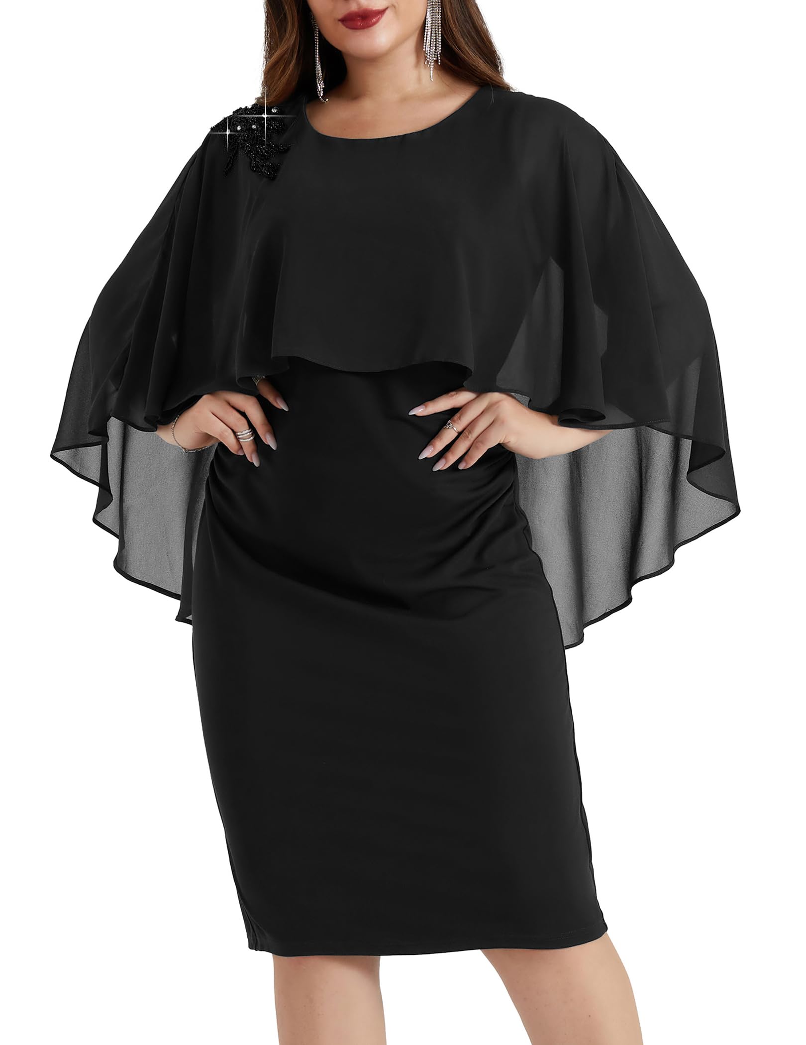 DingJiDress Mother of the Groom / Bride Dresses Women Chiffon Cape Crew Neck Elegant Hand-Beaded Cocktail Bodycon Dresses Formal Dresses Wedding Guest Dress