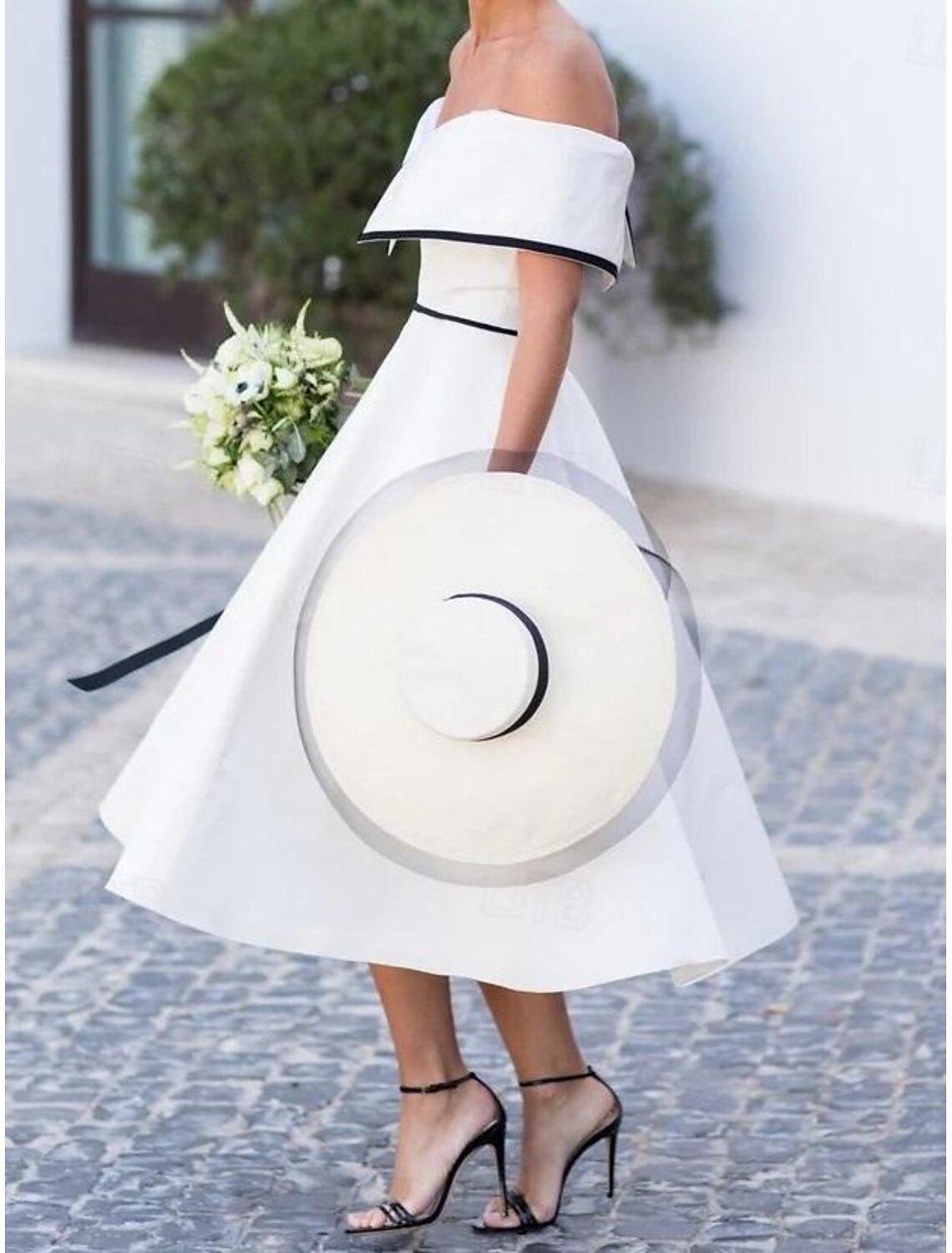 DingJiDress Wedding Dresses A-Line Off Shoulder Short Sleeve Tea Length Stretch Fabric Bridal Gowns