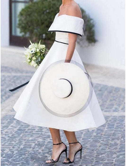 DingJiDress Wedding Dresses A-Line Off Shoulder Short Sleeve Tea Length Stretch Fabric Bridal Gowns
