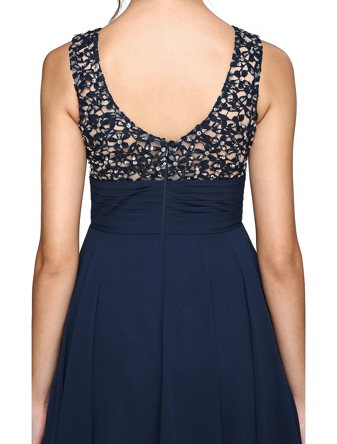 A-Line Cocktail Dresses Party Dress Wedding Guest Cocktail Party Knee Length Sleeveless Illusion Neck Chiffon with Ruched Sequin Lace