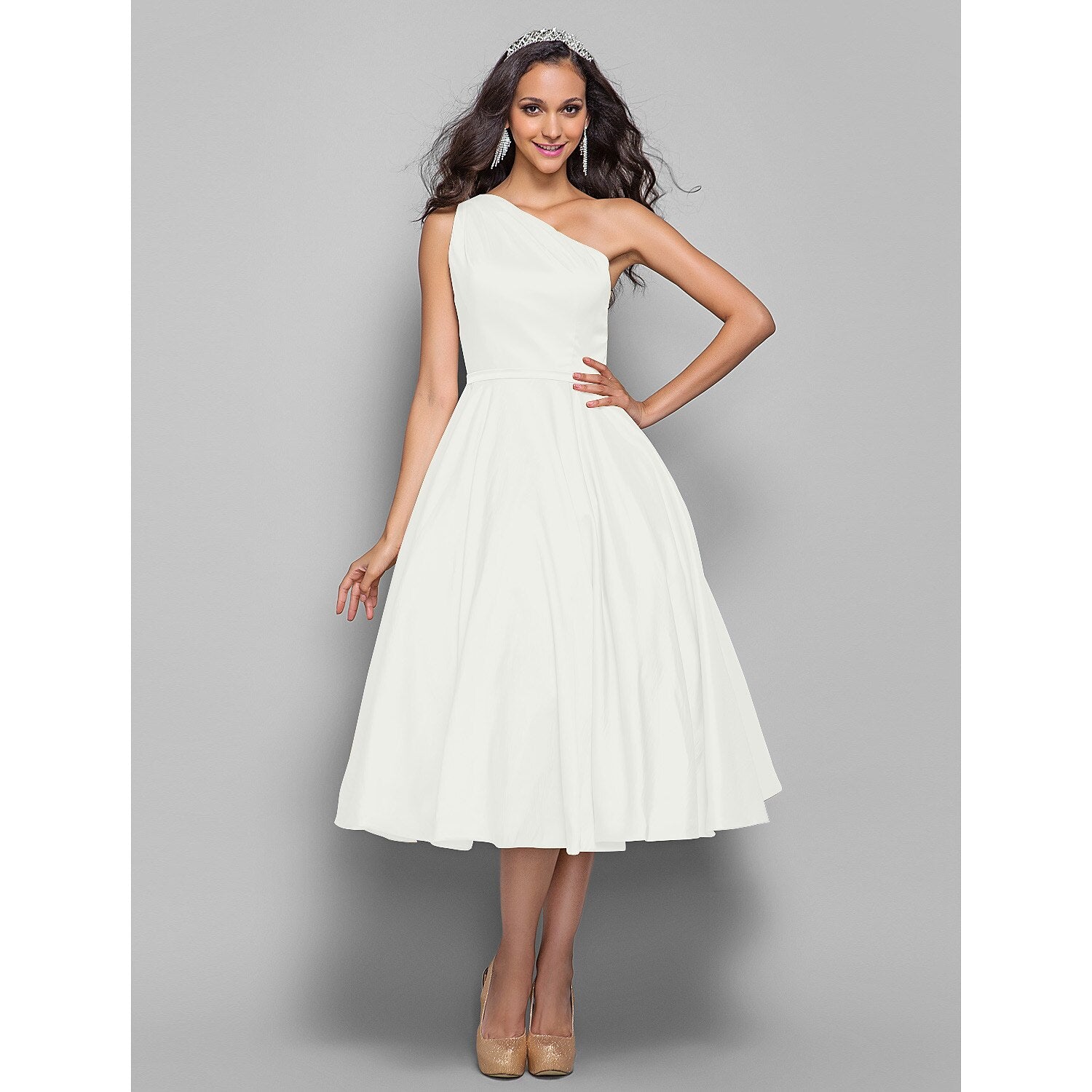 A-Line Minimalist Elegant Cocktail Party Wedding Party Dress One Shoulder Sleeveless Tea Length Taffeta with Sash / Ribbon