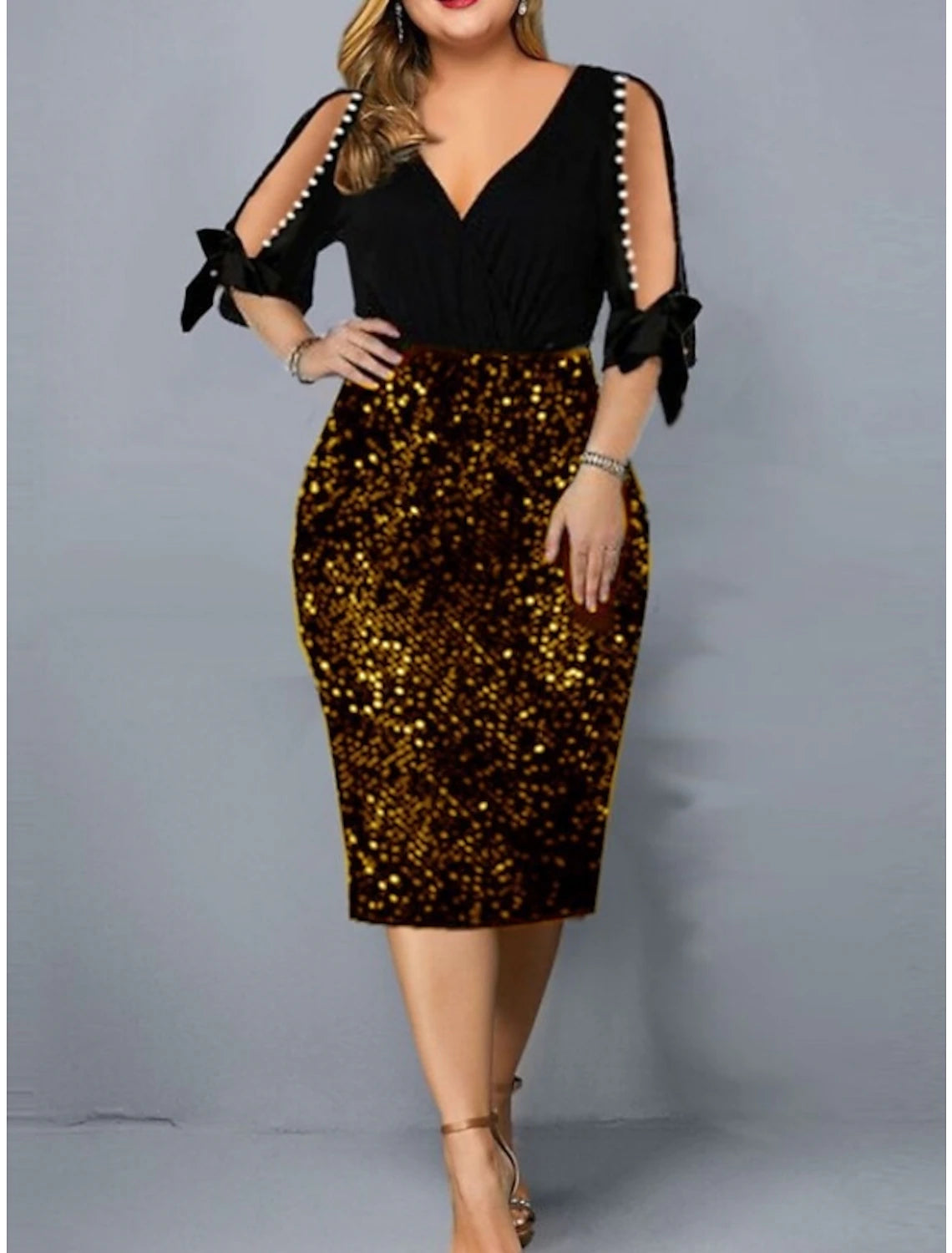 Sheath / Column Party Dresses Sparkle & Shine Dress Party Wear Fall Tea Length Half Sleeve V Neck Sequined with Glitter Bow(s)