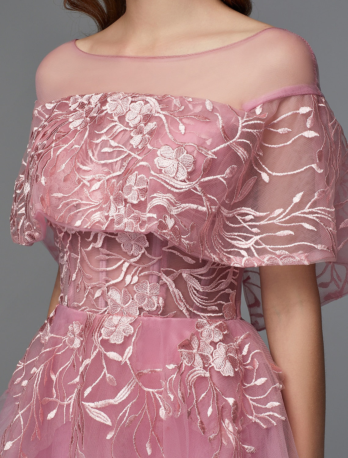 A-Line Elegant Dress Holiday Wedding Guest Asymmetrical Sleeveless Illusion Neck Lace Tie Back with Lace