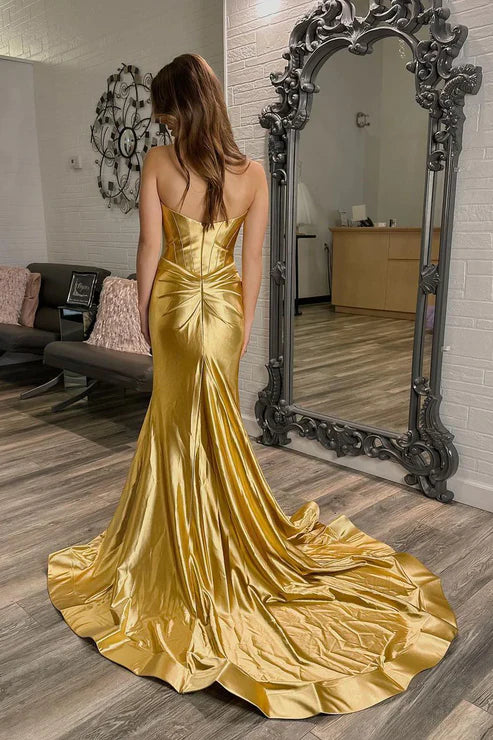 DingJiDress Mermaid Evening Dress Sweetheart Gold Satin Long Prom Dresses