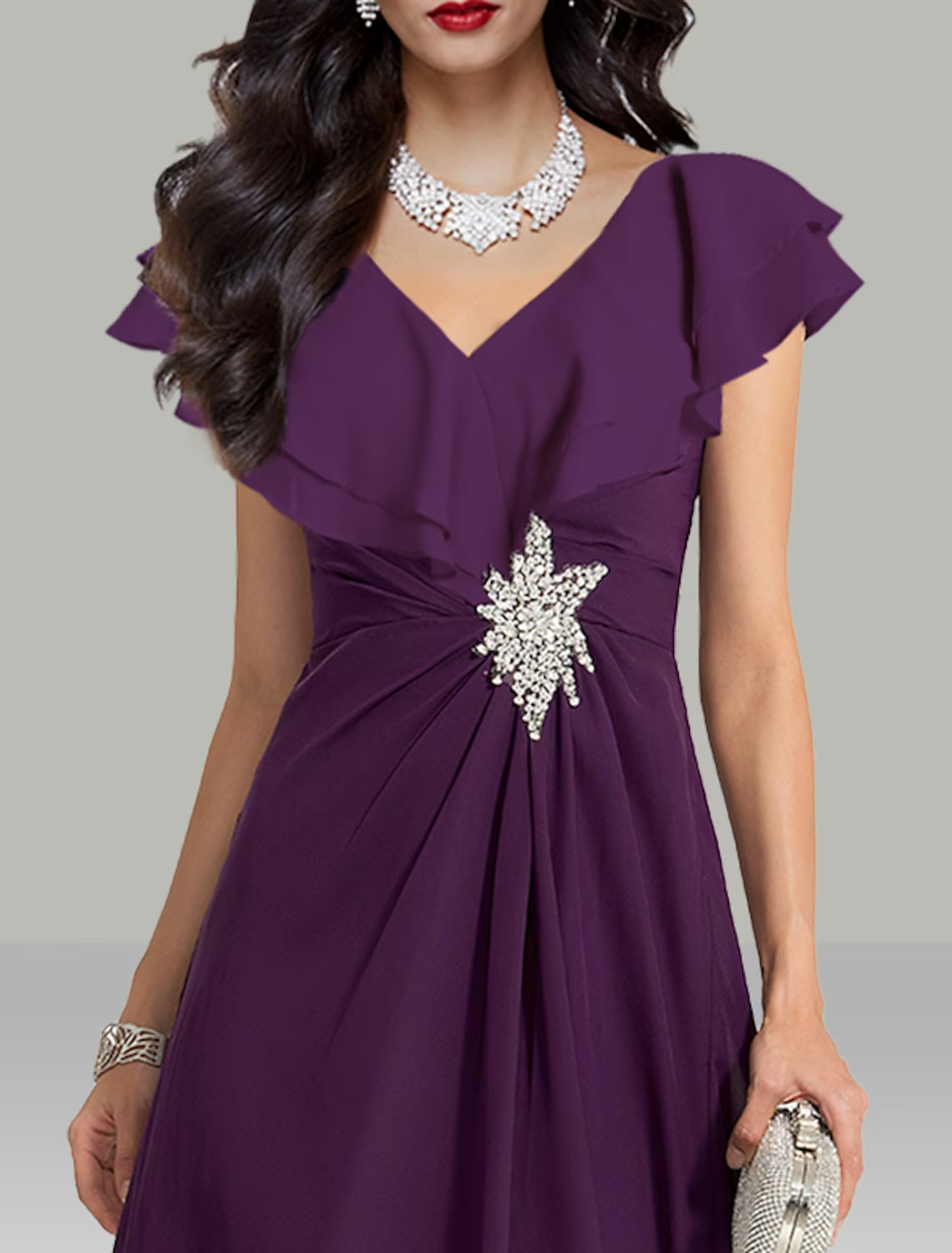 A-Line Wedding Guest Dresses Elegant Dress Cocktail Party Short Sleeve V Neck Chiffon with Rhinestone Evening Dresses