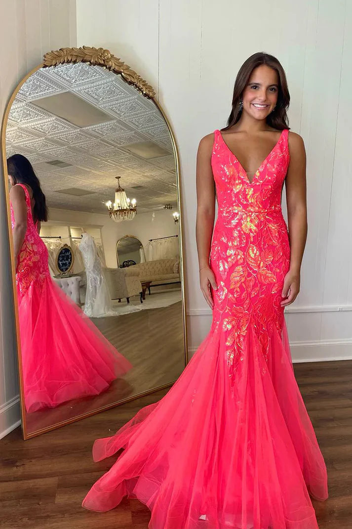 DingJiDress Fuchisa Evening Dress V Neck Sequin Lace Mermaid Long Prom Dresses