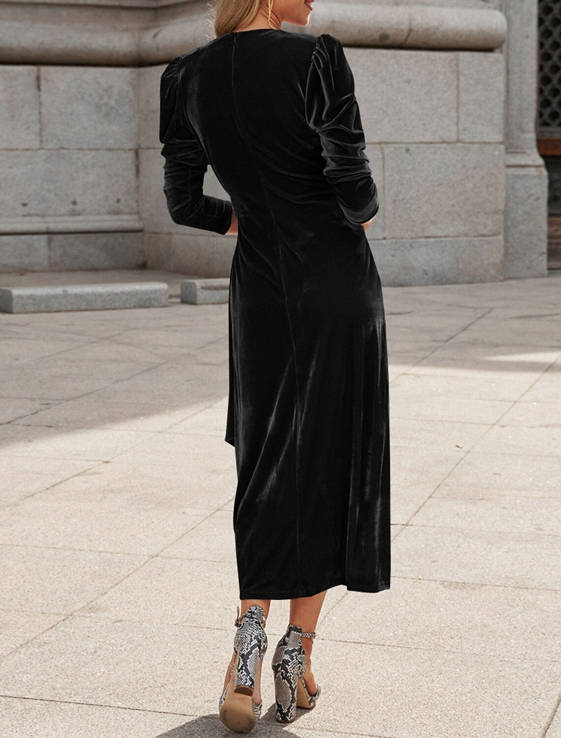 Sheath / Column Party Dresses Elegant Dress Wedding Guest Fall Tea Length Long Sleeve V Neck Velvet with Ruched