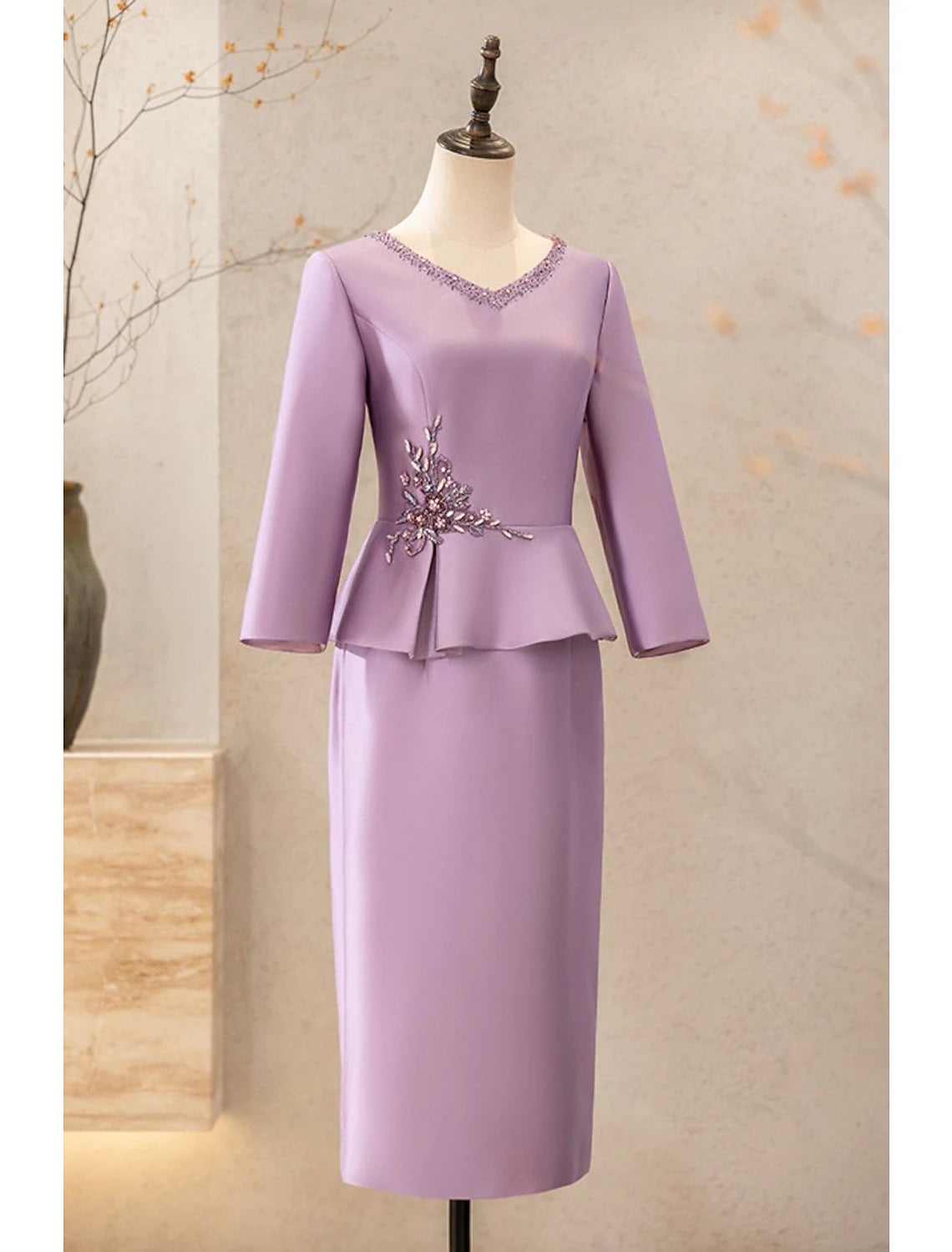Two Piece Cocktail Dresses Elegant Dress Wedding Party Tea Length Long Sleeve V Neck Satin with Appliques