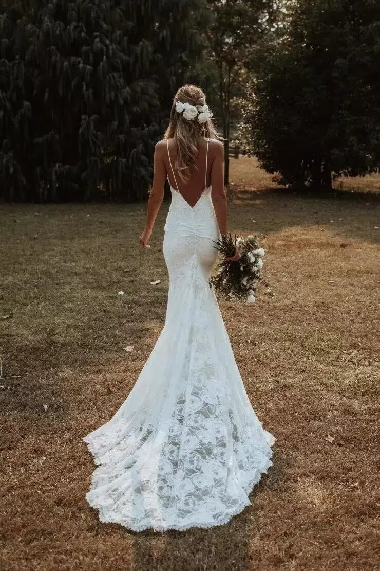 DingJiDress Wedding Dress Mermaid Boho Lace V-Neck Backless Beach Bridal Dress for Bride Formal Women's Dresses