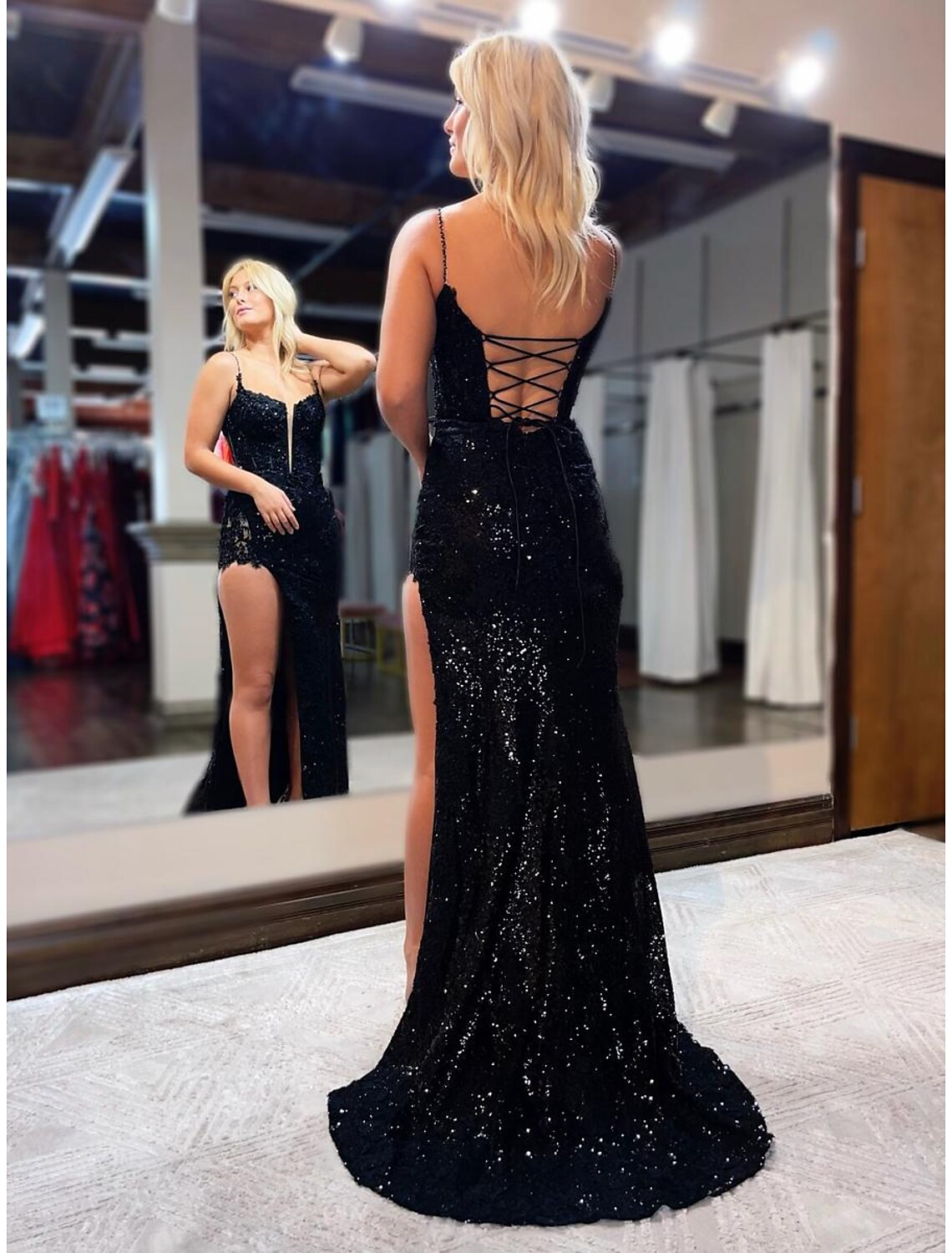 Mermaid / Trumpet Prom Dresses Sparkle & Shine Dress Formal Sweep / Brush Train Sleeveless Spaghetti Strap Sequined Backless with Beading Sequin Slit