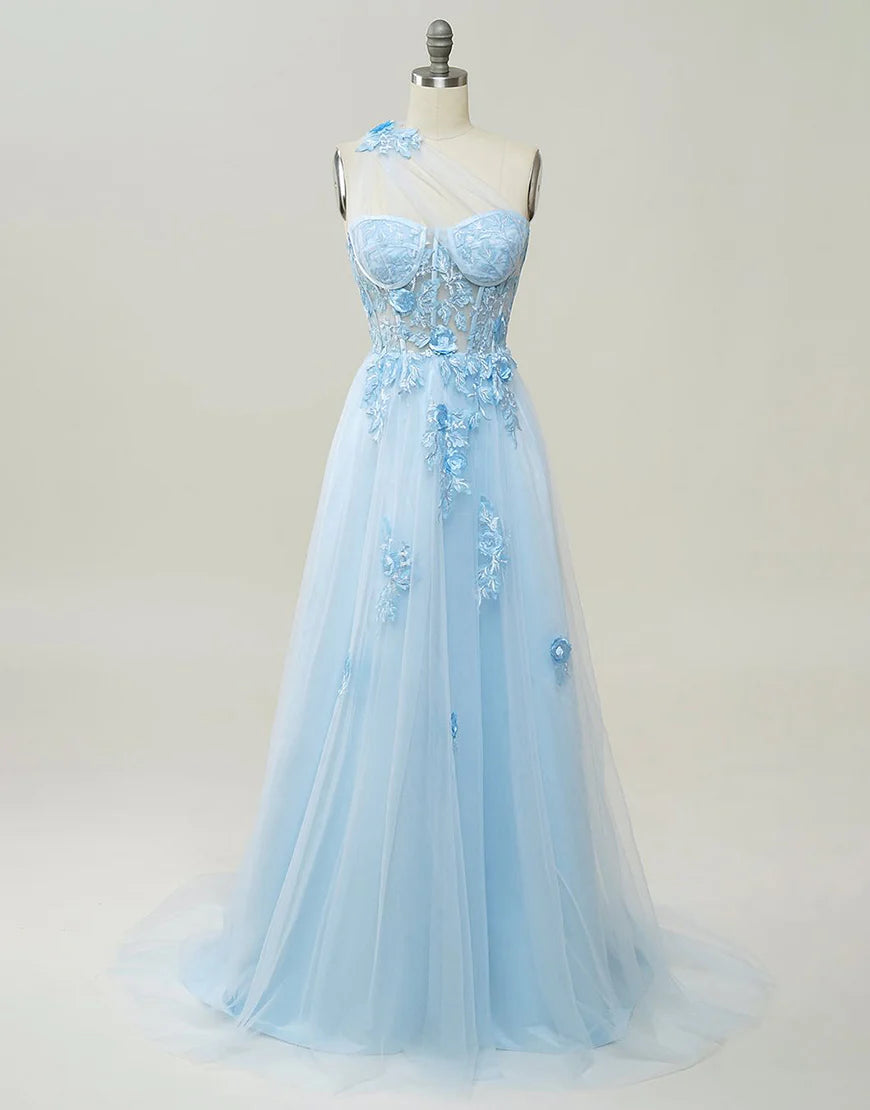 A-Line Prom Dresses Dress Formal Sleeveless One Shoulder Tulle Backless with Pleats Appliques