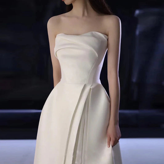 DingJiDress Formal Women's Dresses A-Line French Style Strapless Satin Gorgeous Long Wedding Dress