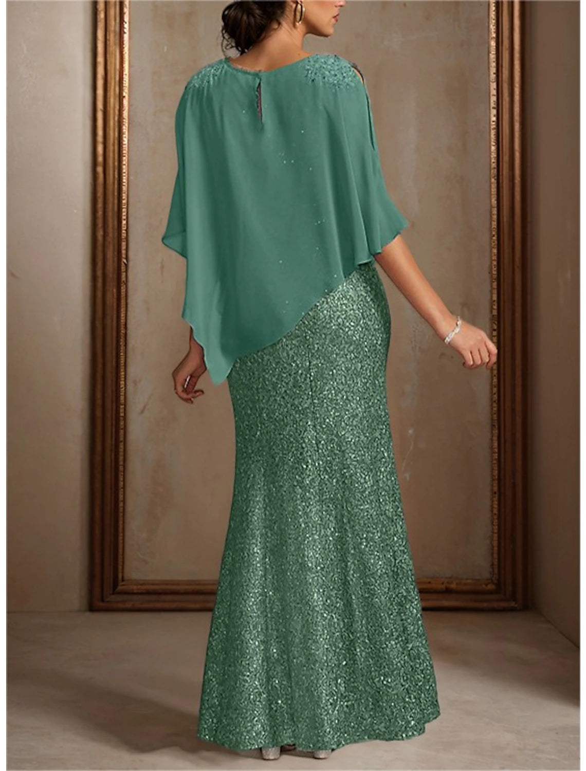 Two Piece Mermaid / Trumpet Mother of the Bride Dress Formal Wedding Guest Elegant Jewel Neck Floor Length Chiffon Sequined 3/4 Length Sleeve Wrap Included with Beading Sequin