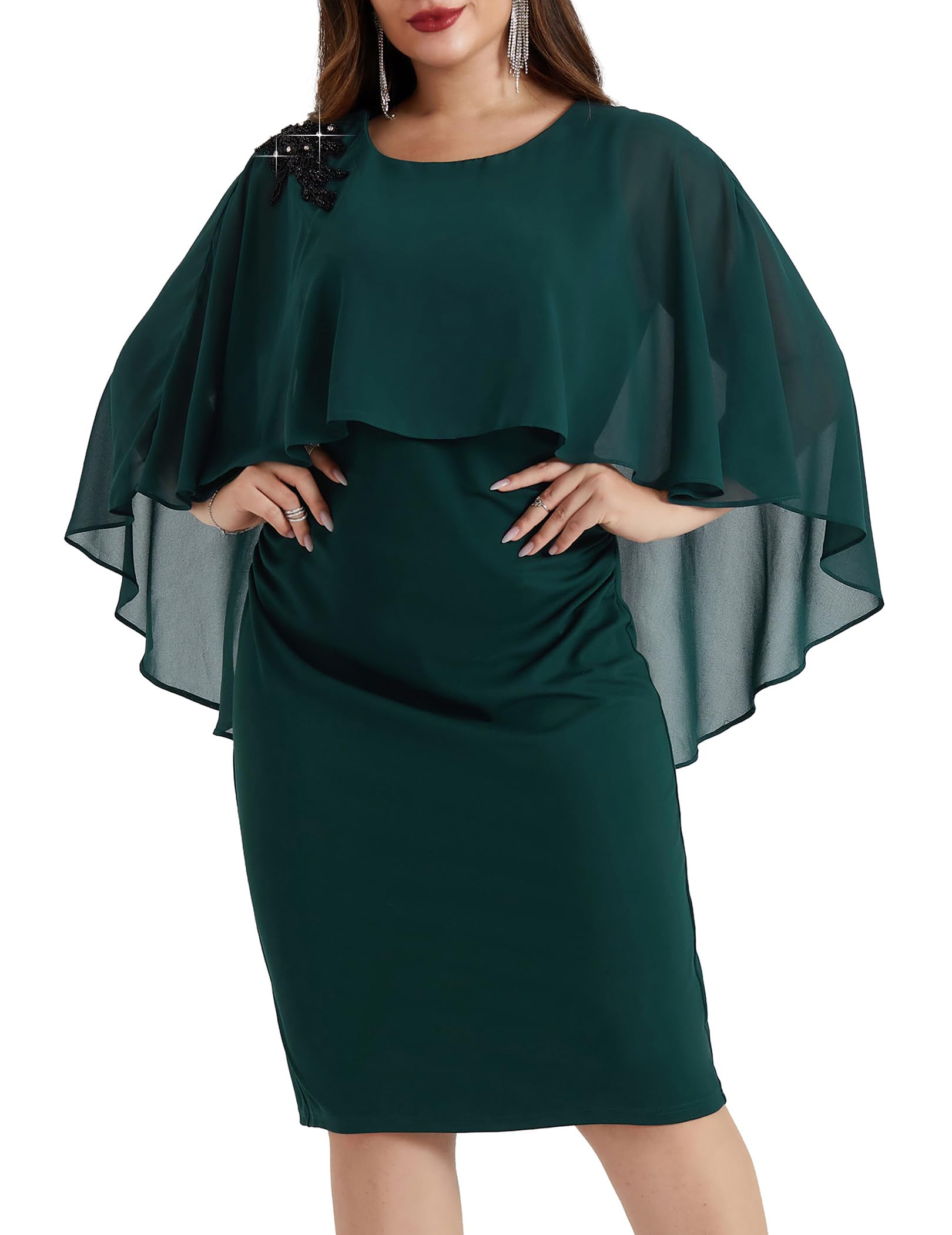 DingJiDress Mother of the Groom / Bride Dresses Women Chiffon Cape Crew Neck Elegant Hand-Beaded Cocktail Bodycon Dresses Formal Dresses Wedding Guest Dress