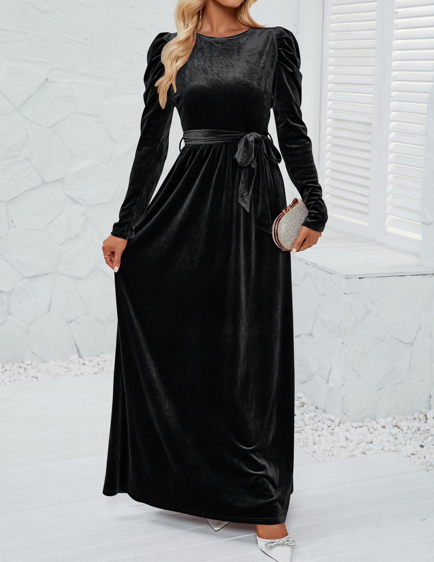 DingJiDress Wedding Guest Dress Women's Velvet Maxi Dress Long Puff Sleeve Crew Neck Elastic High Waist Cocktail Party Formal Wear Dresses Evening Dress