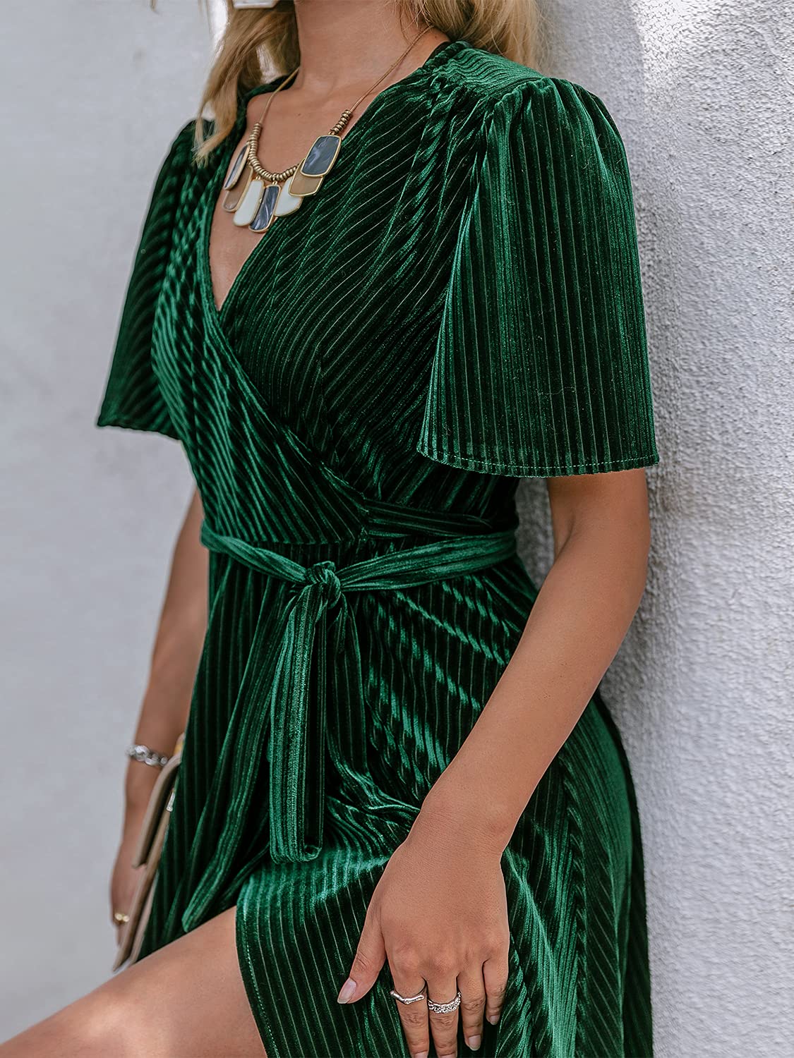 DingJiDress Wedding Guest Dress Women's Velvet V Neck Short Sleeve Wrap Maxi Dress Formal Wear Dresses Evening Dress