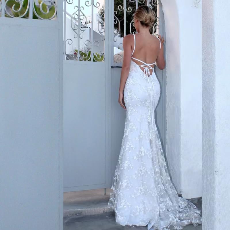 DingJiDress Wedding Dress Lace Applique Spaghetti Straps Mermaid V Neck Open Back Bodycon Long Bridal Gown Formal Women's Dresses