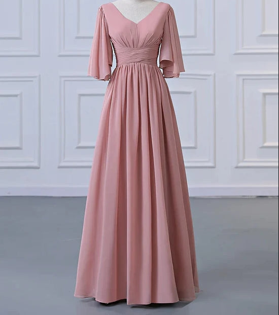 A-Line Bridesmaid Dress V Neck Half Sleeve Elegant Floor Length Chiffon with Pleats / Ruffles
