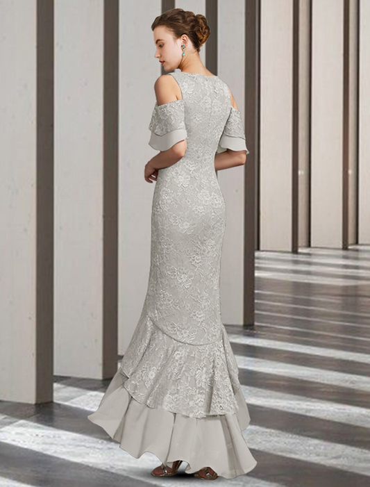 Mother of the Bride Dress Elegant High Low Floor Length Chiffon Lace Short Sleeve with Ruffles