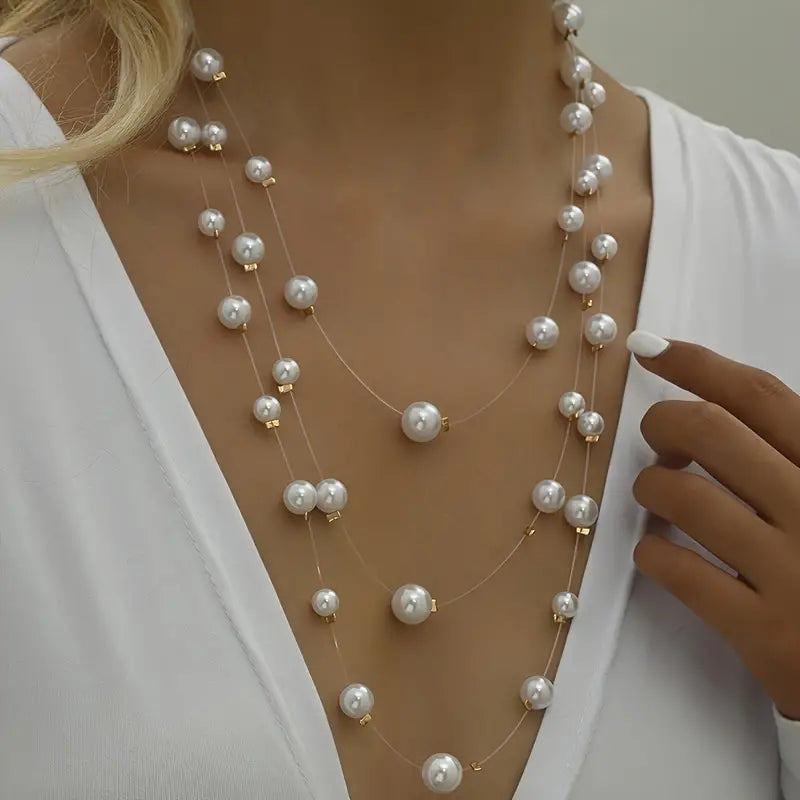 DingJi Baroque Elegant Three-layer Imitation Pearl Star Necklace For Ladies Banquet Elegant Imitation Pearl Necklace