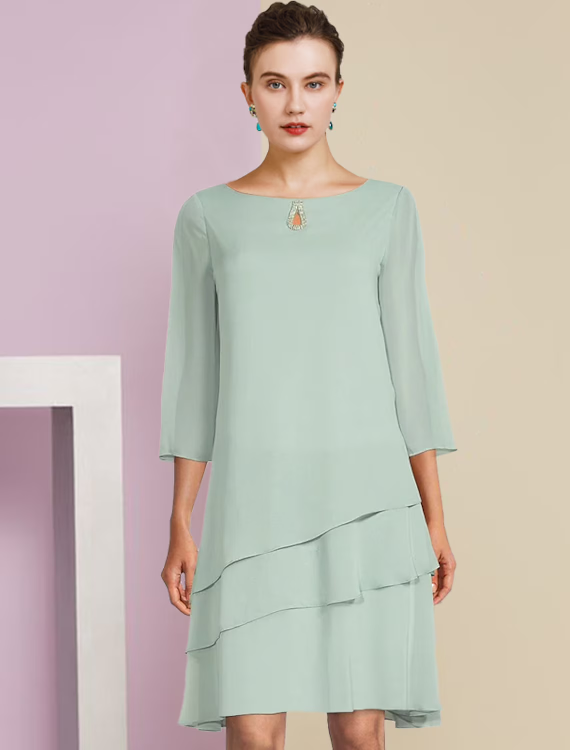 Two Piece A-Line Mother of the Bride Dress Formal Wedding Guest Elegant Scoop Neck Knee Length Chiffon Length Sleeve with Tier