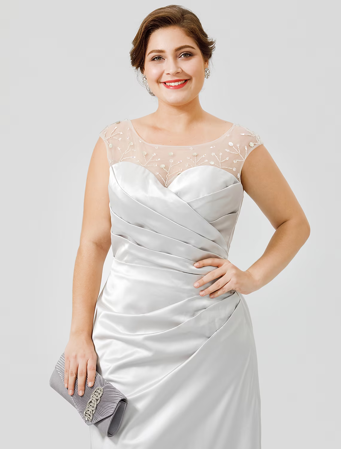 Mother of the Bride Dress Classic Timeless Elegant Luxurious Plus Size Floor Length Satin Sleeveless No with Pleats Crystals