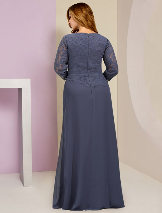 Plus Size Mother of the Bride Dress Wedding Guest Party Elegant Scoop Neck Floor Length Chiffon Lace  Sleeve with Ruffles Appliques