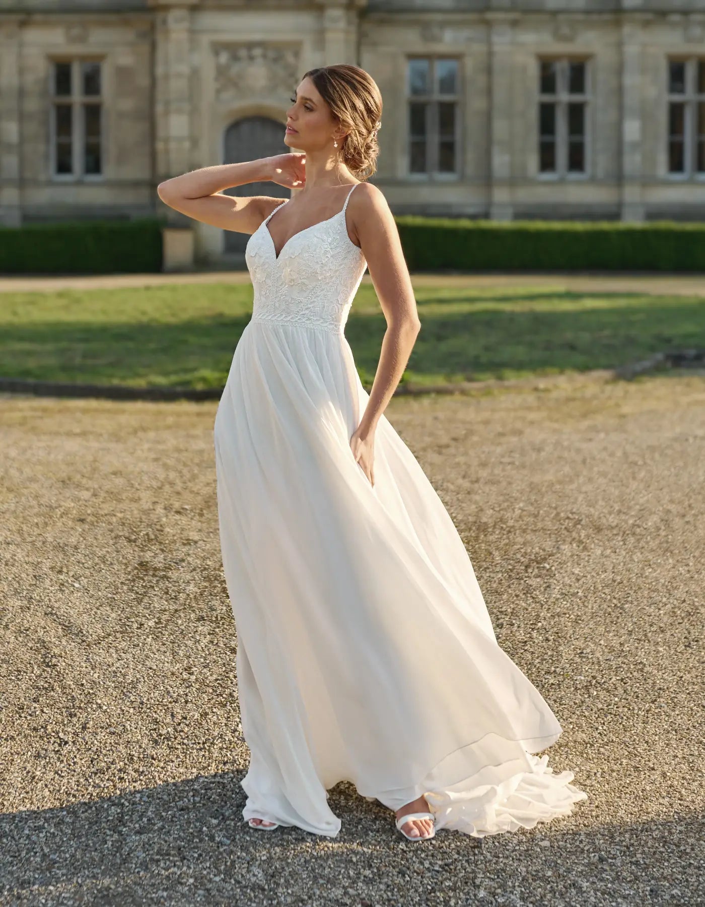 a chiffon and matte lace boho gown