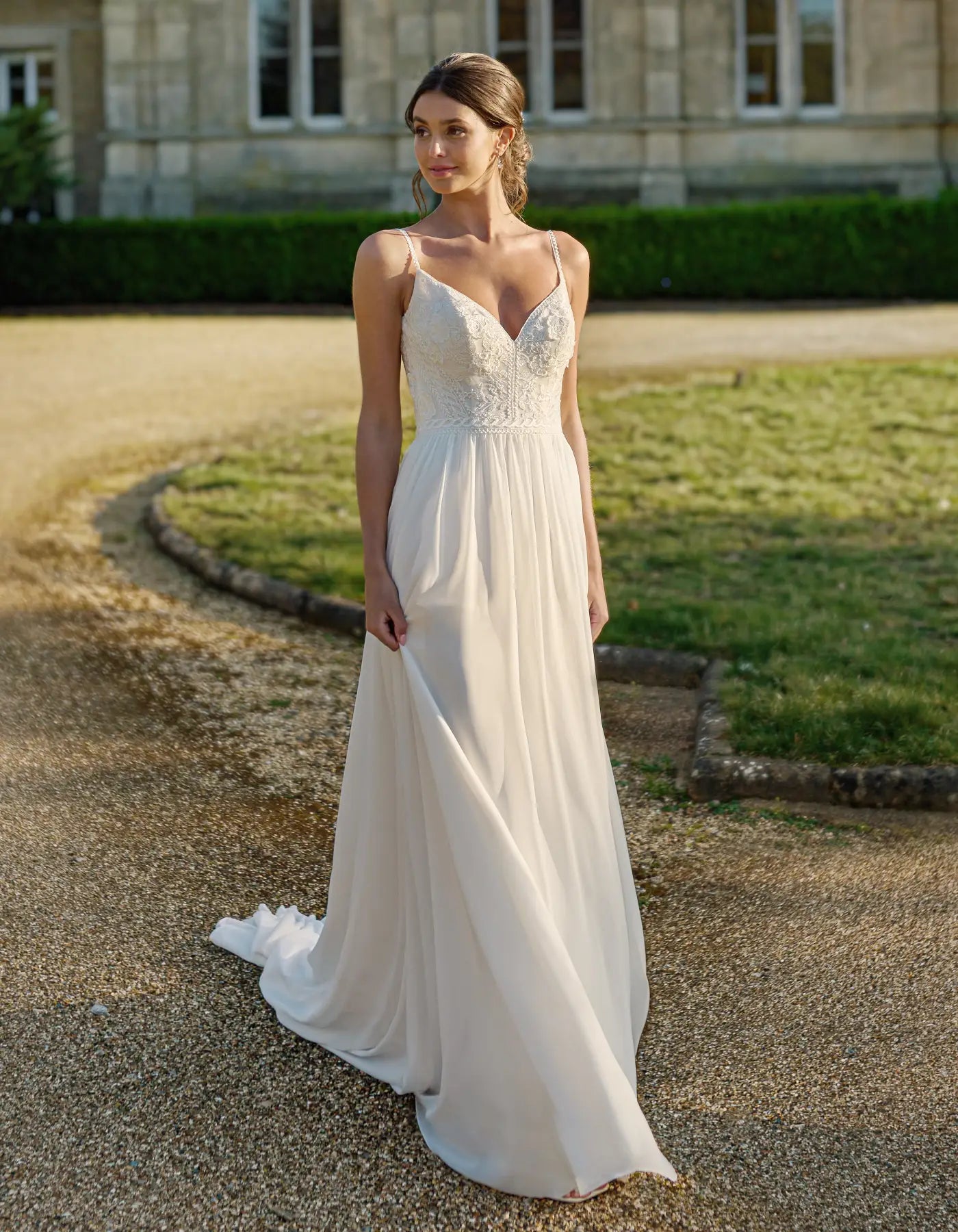 a chiffon and matte lace boho gown