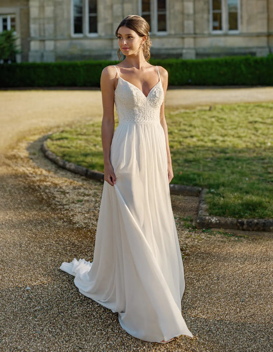 a chiffon and matte lace boho gown
