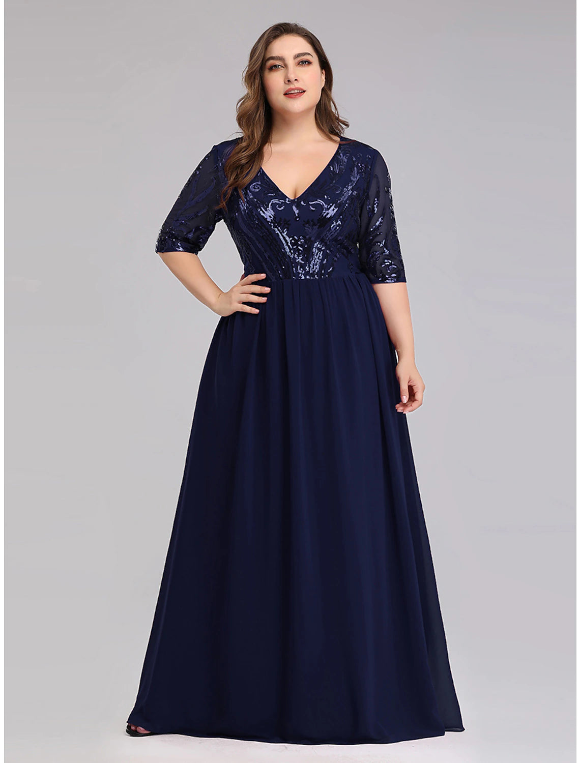 A-Line Prom Dresses Plus Size Dress Wedding Guest Floor Length Half Sleeve Plunging Neck Chiffon with
