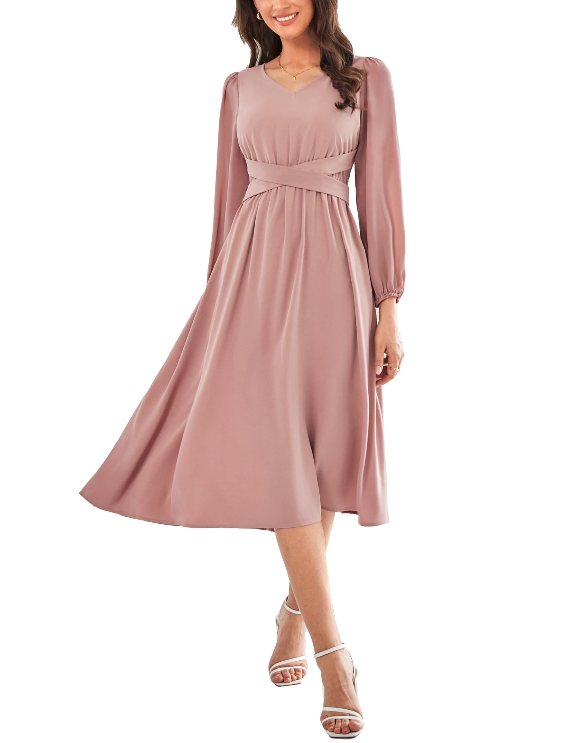 DingJiDress Mother of the Groom / Bride Dresses Women's Chiffon Dresses V Neck Long Sleeve Smocked Waist A-Line Midi Length Formal Dresses Wedding Guest Dress