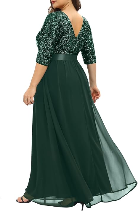 DingJiDress Mother of the Groom / Bride Dresses Plus Size sequin Chiffon Long Maxi 3/4 Sleeve V-Back Formal Dress Formal Dresses Wedding Guest Dress